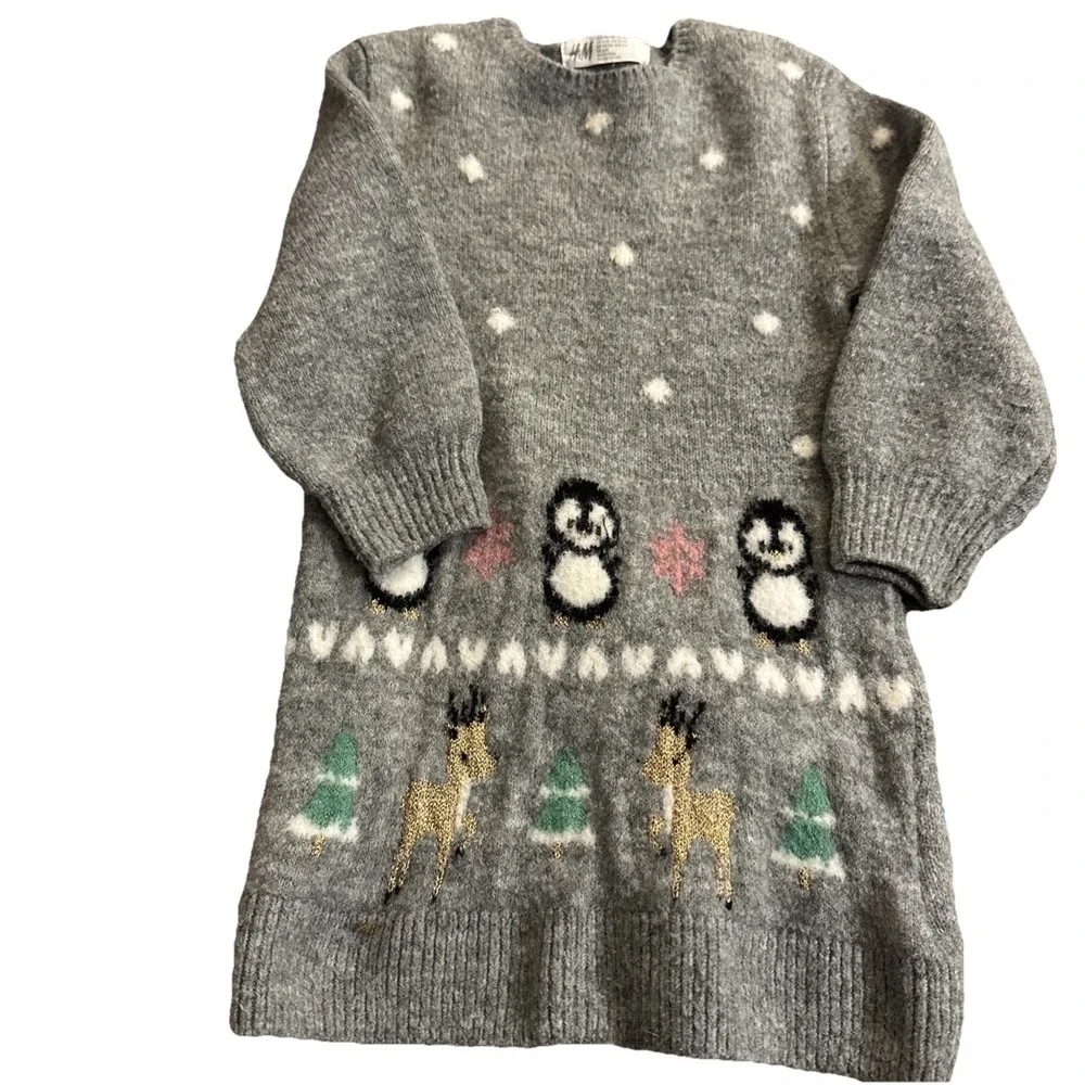 H&M Girls 3-4T Sweater Toddler Wool Blend Penguin Long Sleeve Sweater Dress